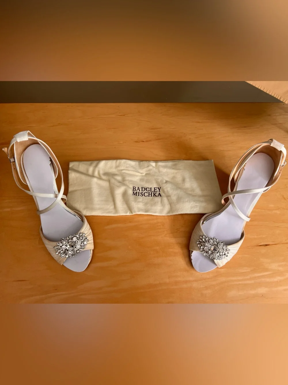 Badgley Mischka White Satin Crystal-Embellished Wedge Sandals